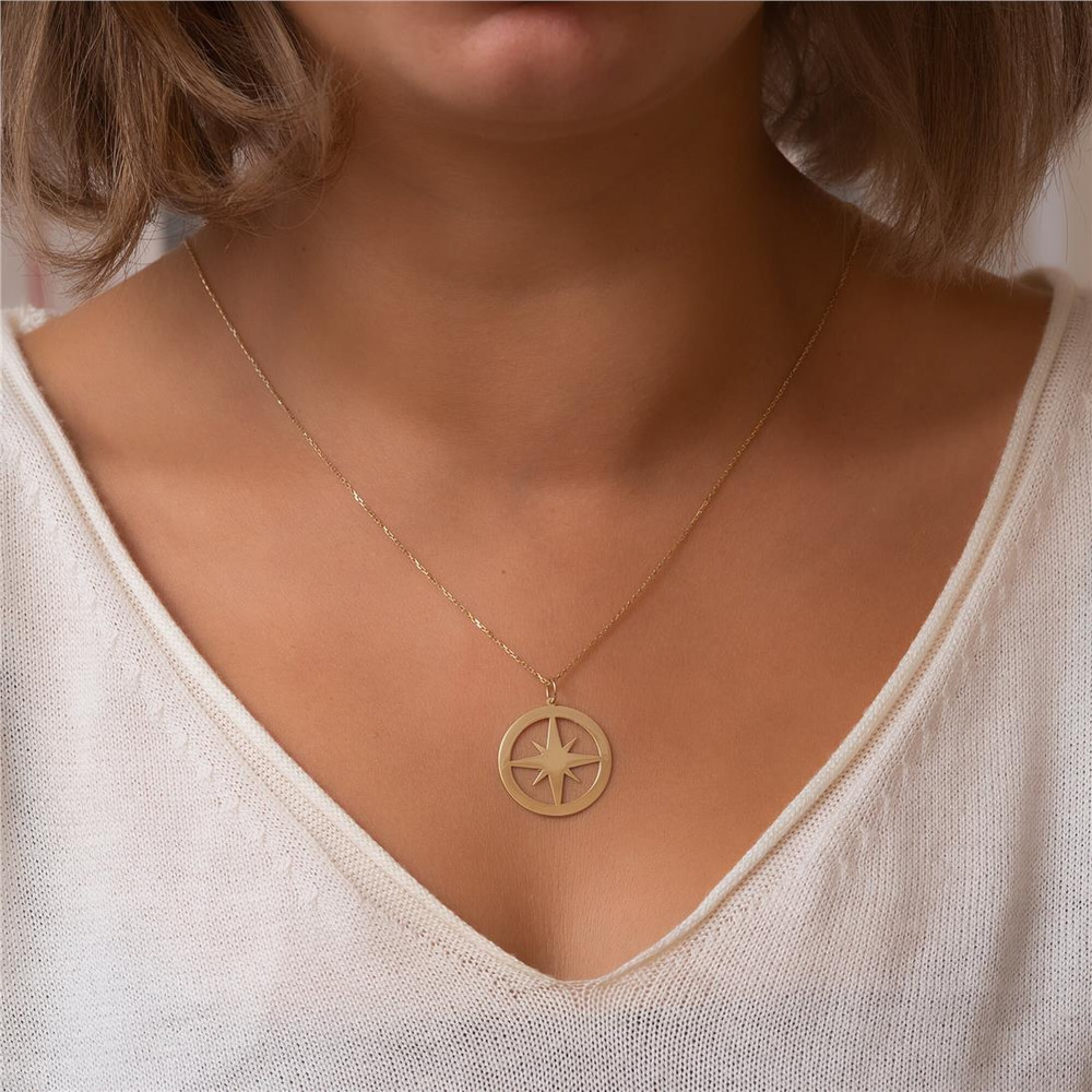 Goldstore-Personalize Name Compass Necklace 14K 18K Solid Gold, Kids Name Custom Compass Pendant, North Star Engrave Coordinate Necklace, Gift For Her