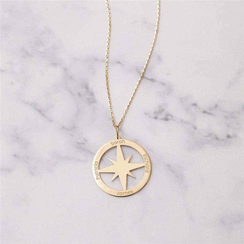 Goldstore-Personalize Name Compass Necklace 14K 18K Solid Gold, Kids Name Custom Compass Pendant, North Star Engrave Coordinate Necklace, Gift For Her