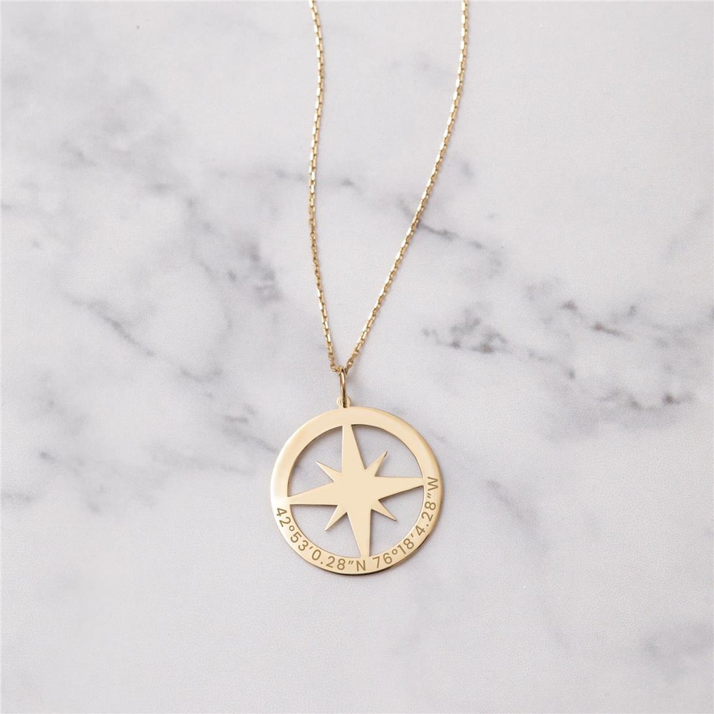 Goldstore-Personalize Name Compass Necklace 14K 18K Solid Gold, Kids Name Custom Compass Pendant, North Star Engrave Coordinate Necklace, Gift For Her