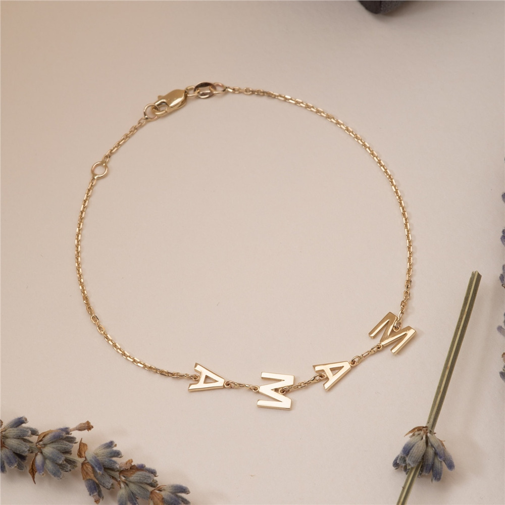 Goldstore-Personalized 14k Gold Letter Name Bracelet, Dainty Single Row Chain 1 2 3 4 5 Letters Bracelet is a Great Gift For Her. Bridesmaid Gift