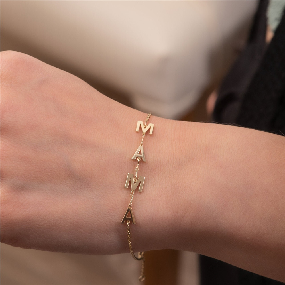 Goldstore-Personalized 14k Gold Letter Name Bracelet, Dainty Single Row Chain 1 2 3 4 5 Letters Bracelet is a Great Gift For Her. Bridesmaid Gift