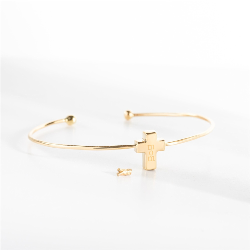 Goldstore-Personalized Cremation Cross Urn Bangle Bracelet for Human Ashes, 14K 18K Solid Gold Custom Name Date Word Engrave Ashes Holder Urn Bracelet