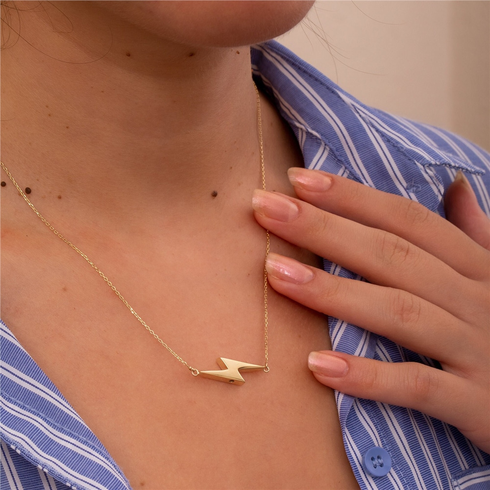 Goldstore-Personalized Cremation Sideways Lightning Bolt Urn 14K 18K Solid Gold Necklace Memorial Custom Engraved  Mom Dad Son Ashes Holder Necklace