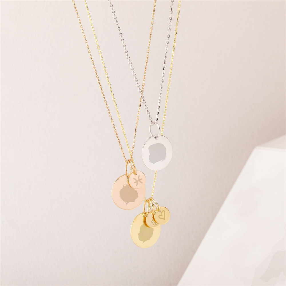 Goldstore-Personalized Disc Necklace w/ Tiny Initial Tags in 14K Solid Gold • Custom Kids Initials Engraved Disk Tag Pendant Necklace Gift for Mom Her