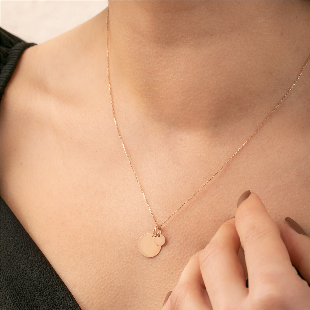 Goldstore-Personalized Disc Necklace w/ Tiny Initial Tags in 14K Solid Gold • Custom Kids Initials Engraved Disk Tag Pendant Necklace Gift for Mom Her