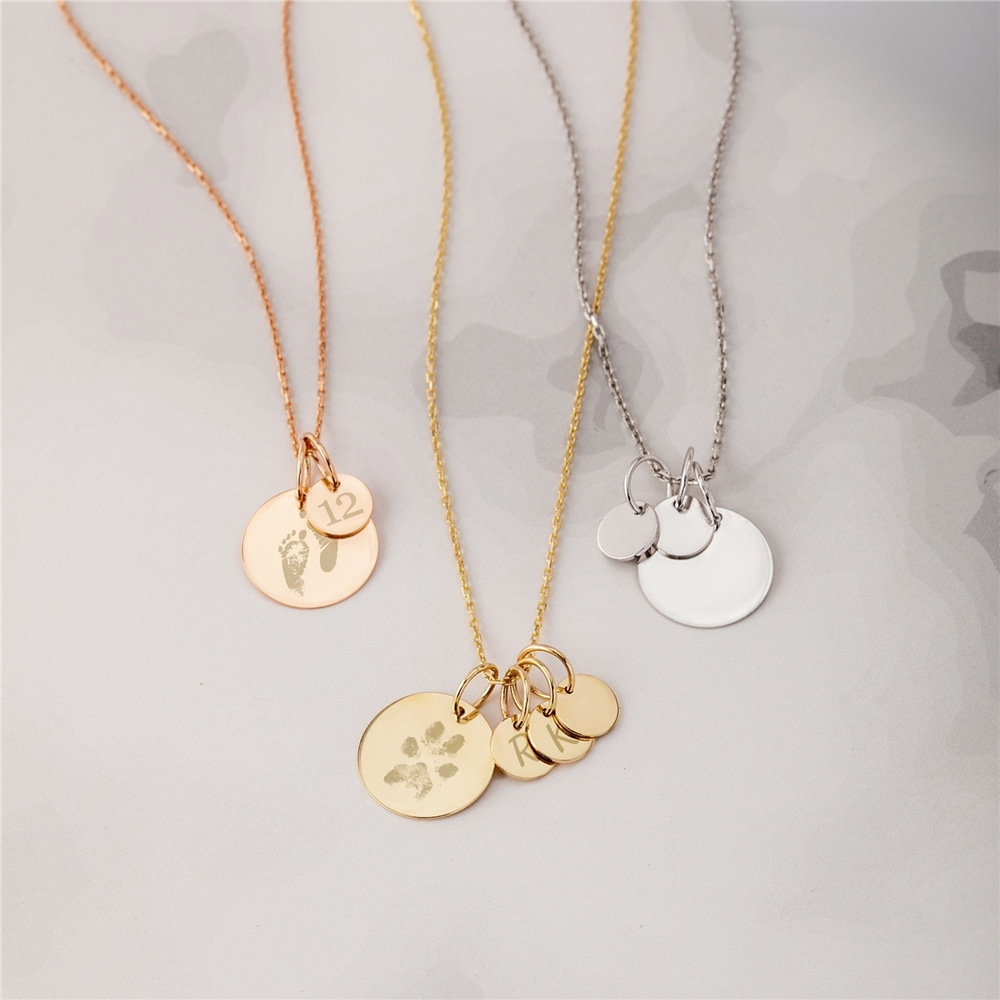 Goldstore-Personalized Disc Necklace w/ Tiny Initial Tags in 14K Solid Gold • Custom Kids Initials Engraved Disk Tag Pendant Necklace Gift for Mom Her