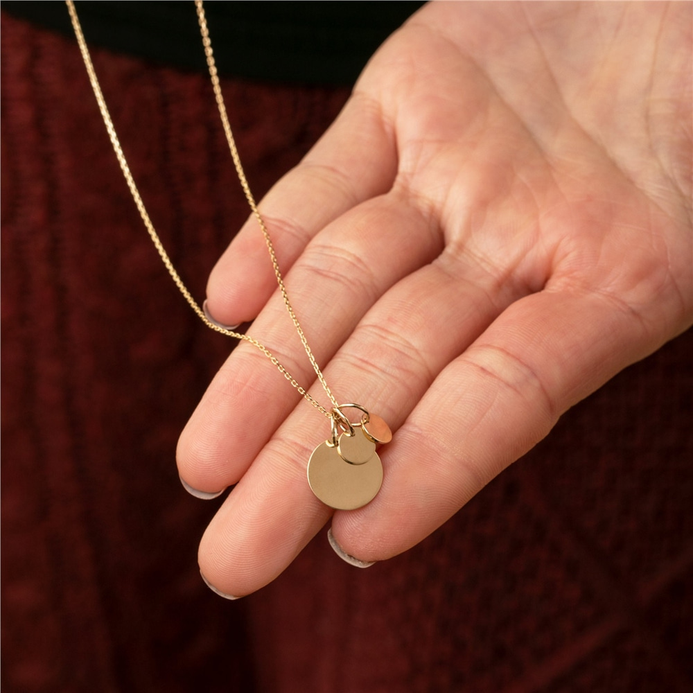 Goldstore-Personalized Disc Necklace w/ Tiny Initial Tags in 14K Solid Gold • Custom Kids Initials Engraved Disk Tag Pendant Necklace Gift for Mom Her