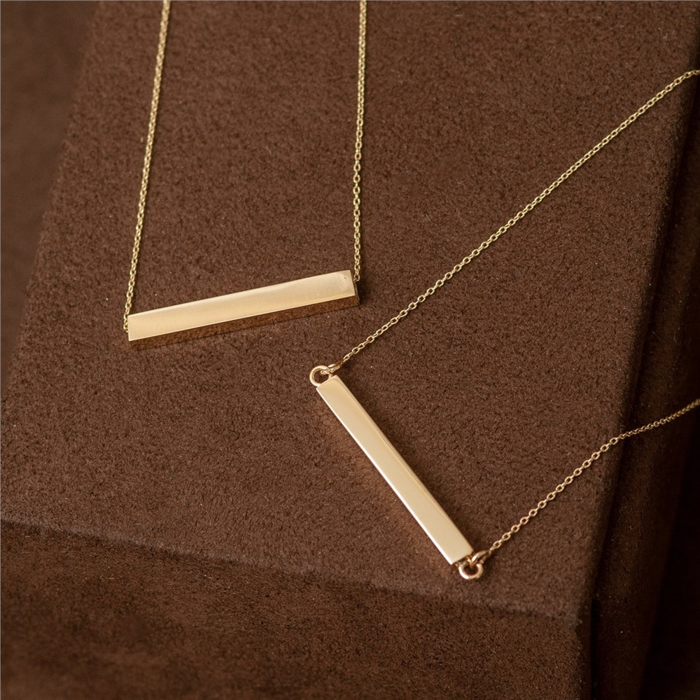 Goldstore-Personalized Horizontal Bar 14K Solid Gold Necklace, Four Sided Name Necklace, Solid Gold 3D Horizontal Bar Necklace, Engrave coordinate.