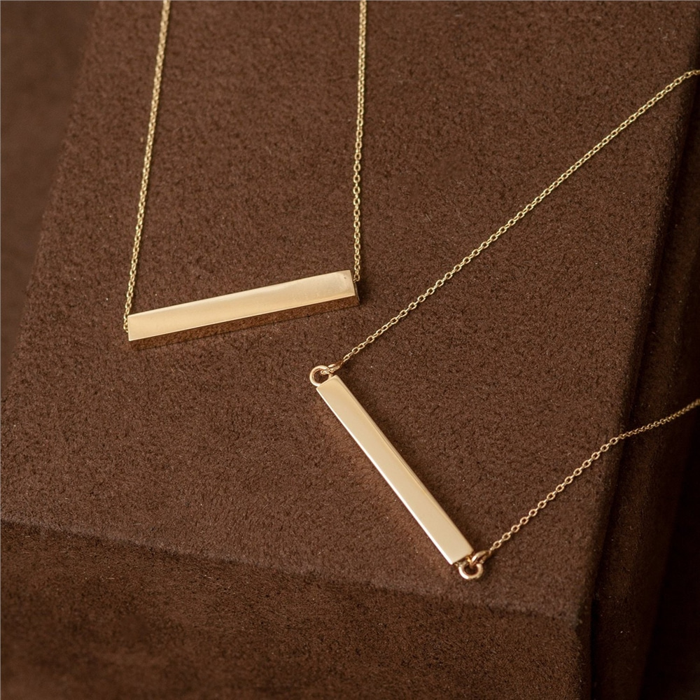 Goldstore-Personalized Horizontal Bar 18K Solid Gold Necklace, Four Sided Name Necklace, Solid Gold 3D Horizontal Bar Necklace, Engrave coordinate.