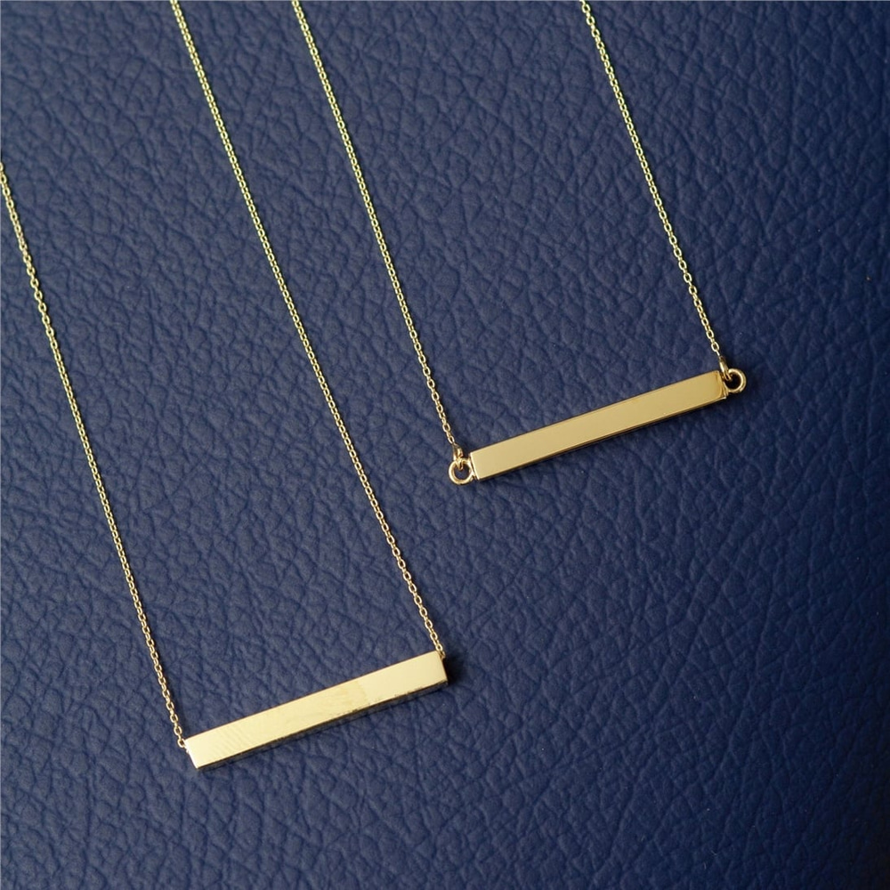 Goldstore-Personalized Horizontal Bar 18K Solid Gold Necklace, Four Sided Name Necklace, Solid Gold 3D Horizontal Bar Necklace, Engrave coordinate.