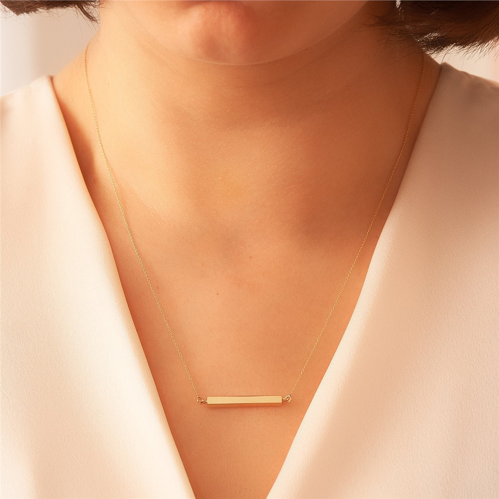 Goldstore-Personalized Horizontal Bar 14K Solid Gold Necklace, Four Sided Name Necklace, Solid Gold 3D Horizontal Bar Necklace, Engrave coordinate.