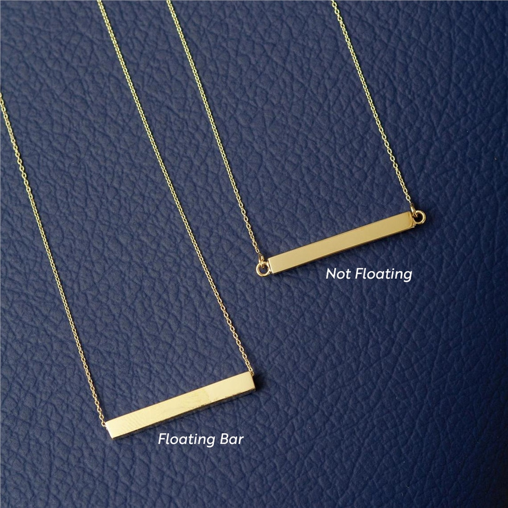 Goldstore-Personalized Horizontal Bar 18K Solid Gold Necklace, Four Sided Name Necklace, Solid Gold 3D Horizontal Bar Necklace, Engrave coordinate.