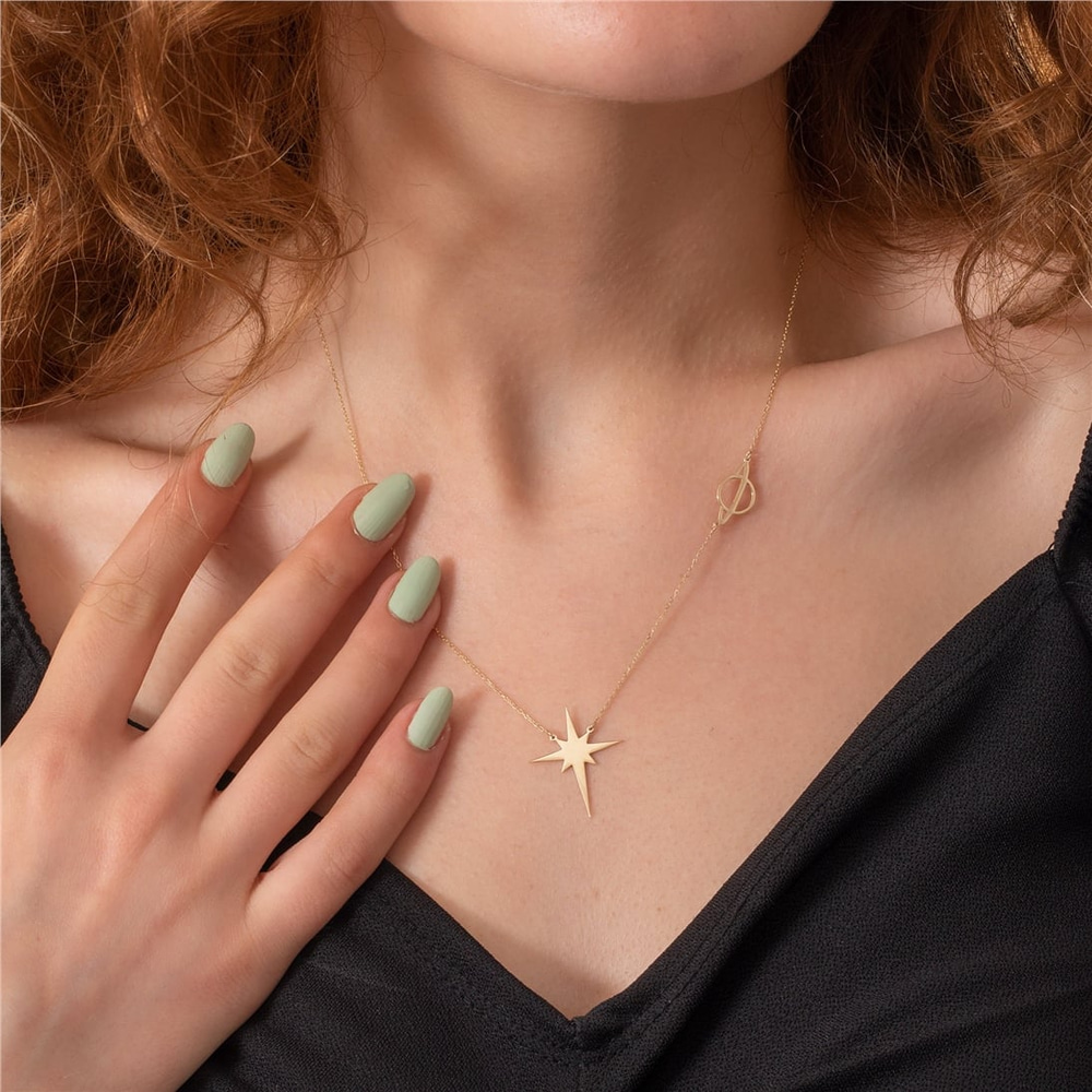 Goldstore-Pole Star And Saturn Necklace 14K 18K Solid Gold, Custom Engrave Or Cut Out North Star Necklace, Personalized Star Planet Sci-fi Lover Gift