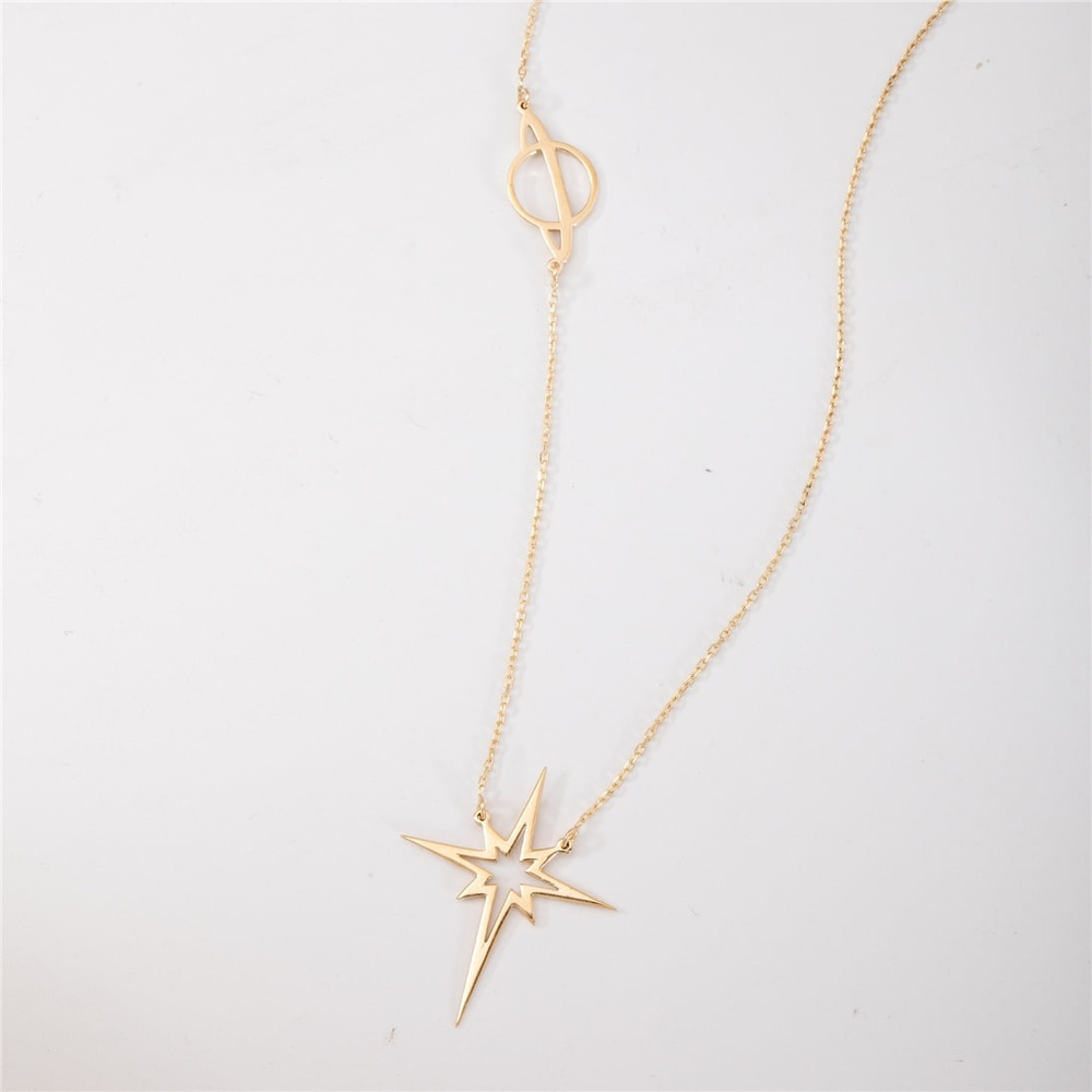 Goldstore-Pole Star And Saturn Necklace 14K 18K Solid Gold, Custom Engrave Or Cut Out North Star Necklace, Personalized Star Planet Sci-fi Lover Gift