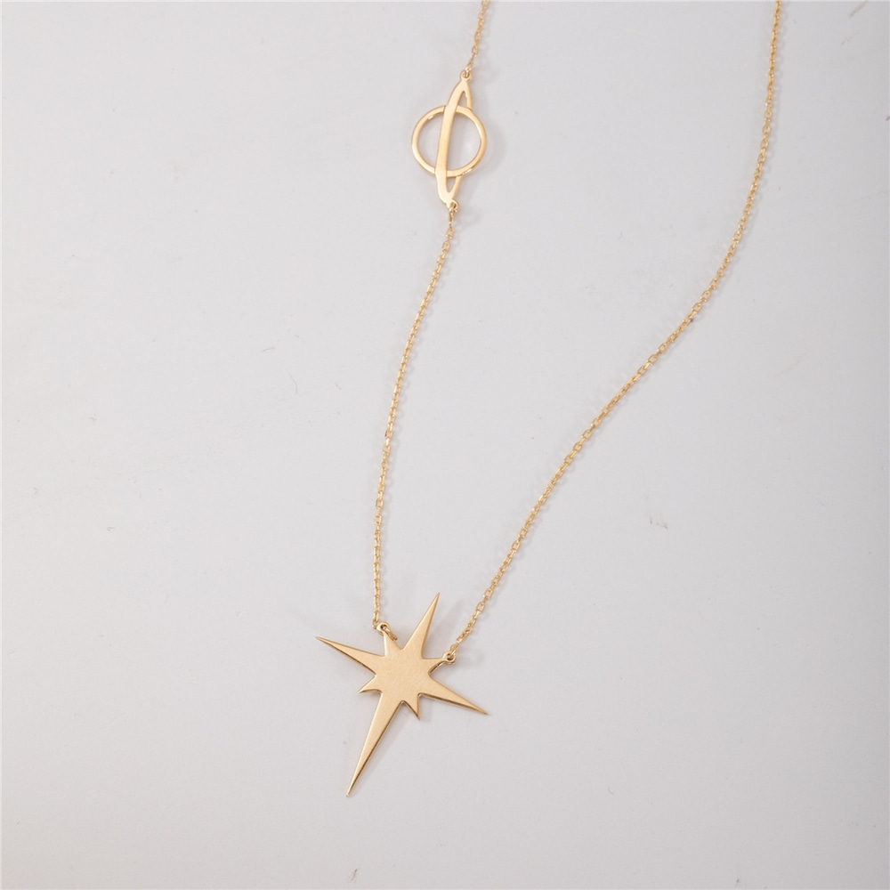 Goldstore-Pole Star And Saturn Necklace 14K 18K Solid Gold, Custom Engrave Or Cut Out North Star Necklace, Personalized Star Planet Sci-fi Lover Gift