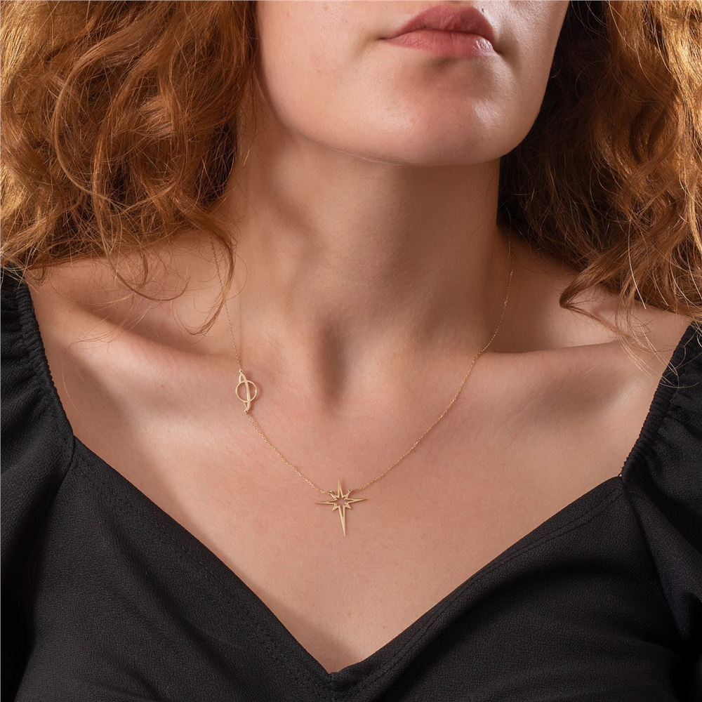 Goldstore-Pole Star And Saturn Necklace 14K 18K Solid Gold, Custom Engrave Or Cut Out North Star Necklace, Personalized Star Planet Sci-fi Lover Gift