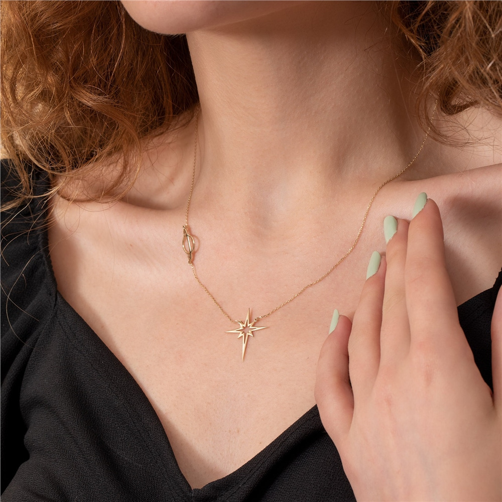 Goldstore-Pole Star And Saturn Necklace 14K 18K Solid Gold, Custom Engrave Or Cut Out North Star Necklace, Personalized Star Planet Sci-fi Lover Gift