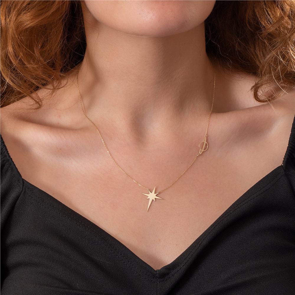 Goldstore-Pole Star And Saturn Necklace 14K 18K Solid Gold, Custom Engrave Or Cut Out North Star Necklace, Personalized Star Planet Sci-fi Lover Gift