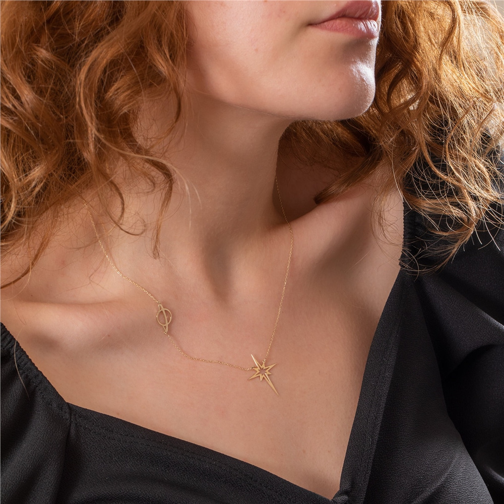 Goldstore-Pole Star And Saturn Necklace 14K 18K Solid Gold, Custom Engrave Or Cut Out North Star Necklace, Personalized Star Planet Sci-fi Lover Gift