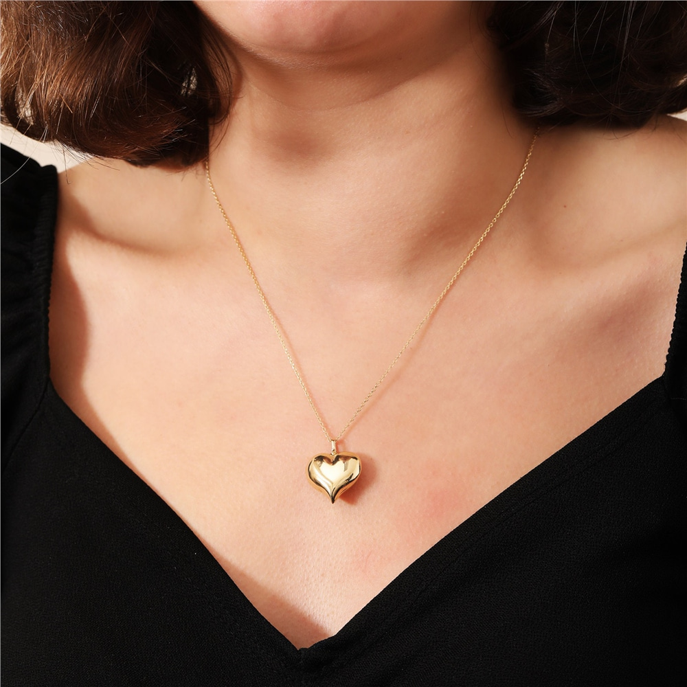 Goldstore-Puffy Heart Cremation Pendant Ashes Holder 14K Yellow Gold, Custom Engrave Heart Charm Necklace, Personalize Heart Memorial Gift Urn Jewelry