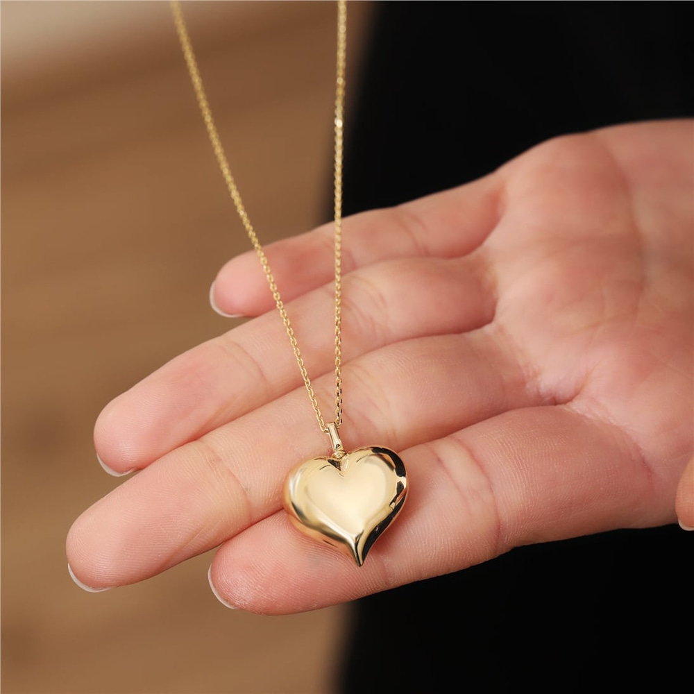 Goldstore-Puffy Heart Cremation Pendant Ashes Holder 14K Yellow Gold, Custom Engrave Heart Charm Necklace, Personalize Heart Memorial Gift Urn Jewelry