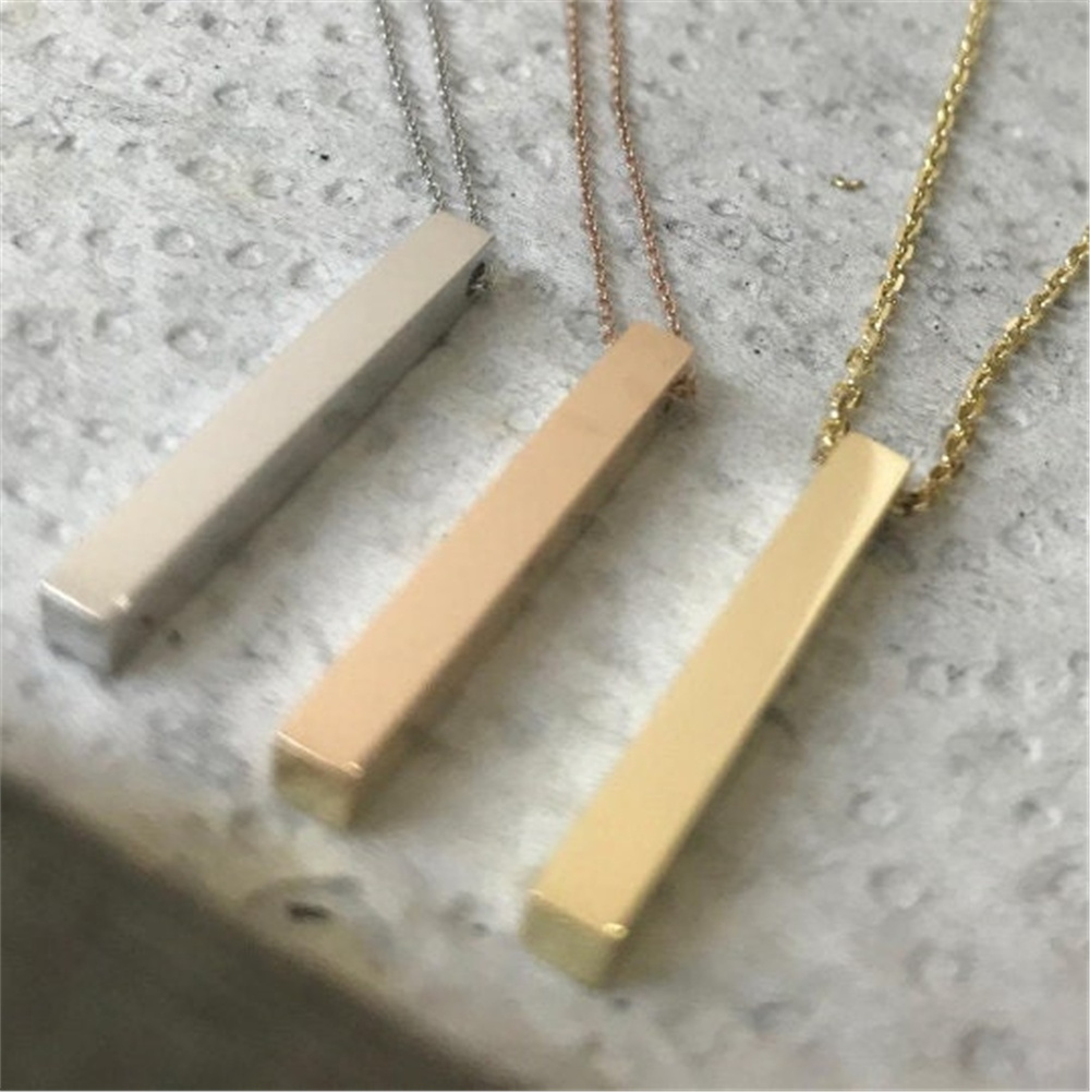Goldstore-Real 18K Gold Vertical Custom Engraved 4 Side Bar Necklace, Personalized Name Numeral Coordinates Date Necklace, Memorial Necklace Gift For