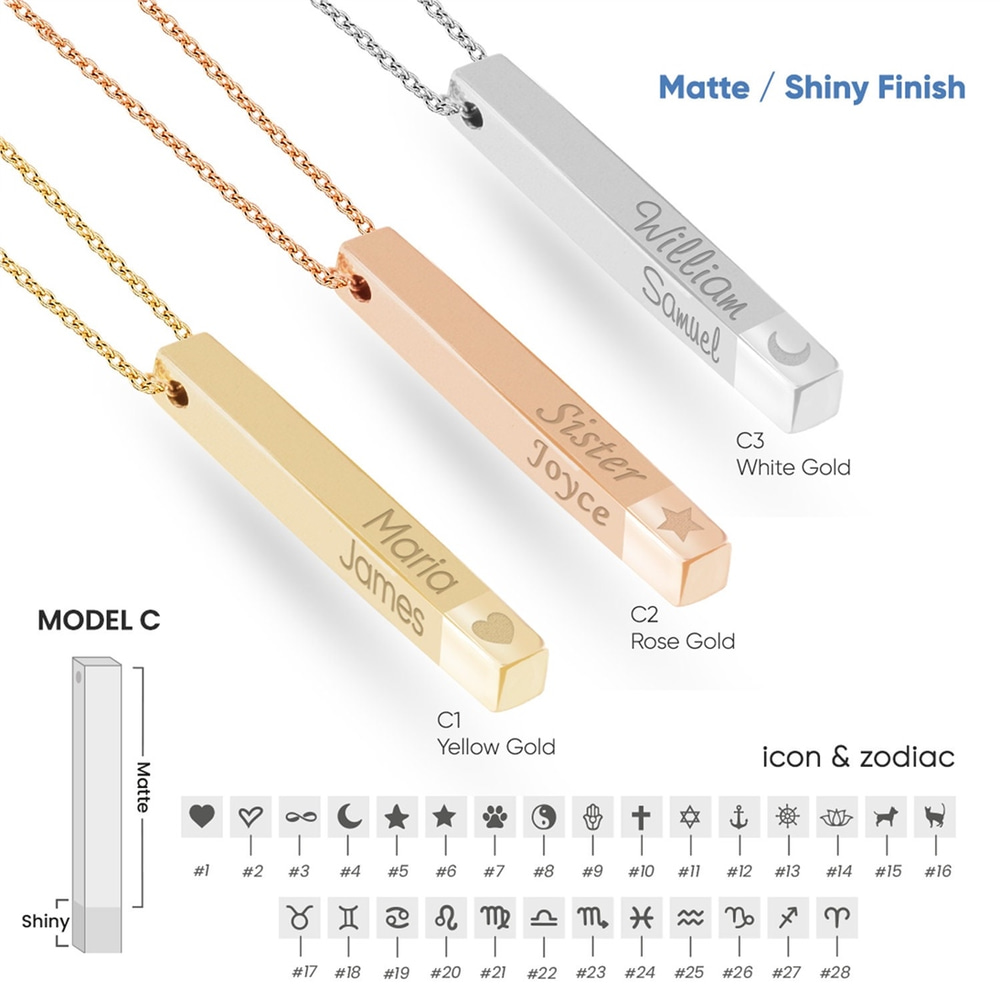 Goldstore-Real 18K Gold Vertical Custom Engraved 4 Side Bar Necklace, Personalized Name Numeral Coordinates Date Necklace, Memorial Necklace Gift For