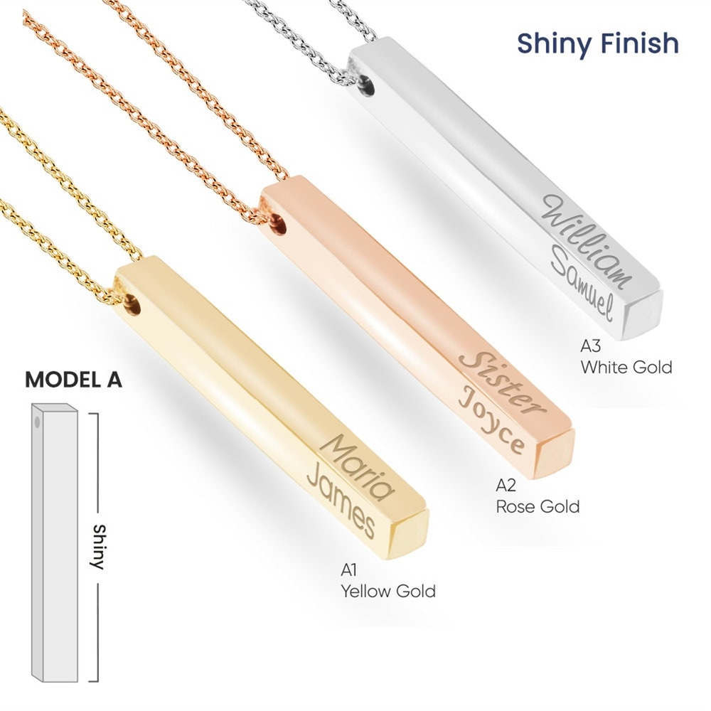 Goldstore-Real 18K Gold Vertical Custom Engraved 4 Side Bar Necklace, Personalized Name Numeral Coordinates Date Necklace, Memorial Necklace Gift For