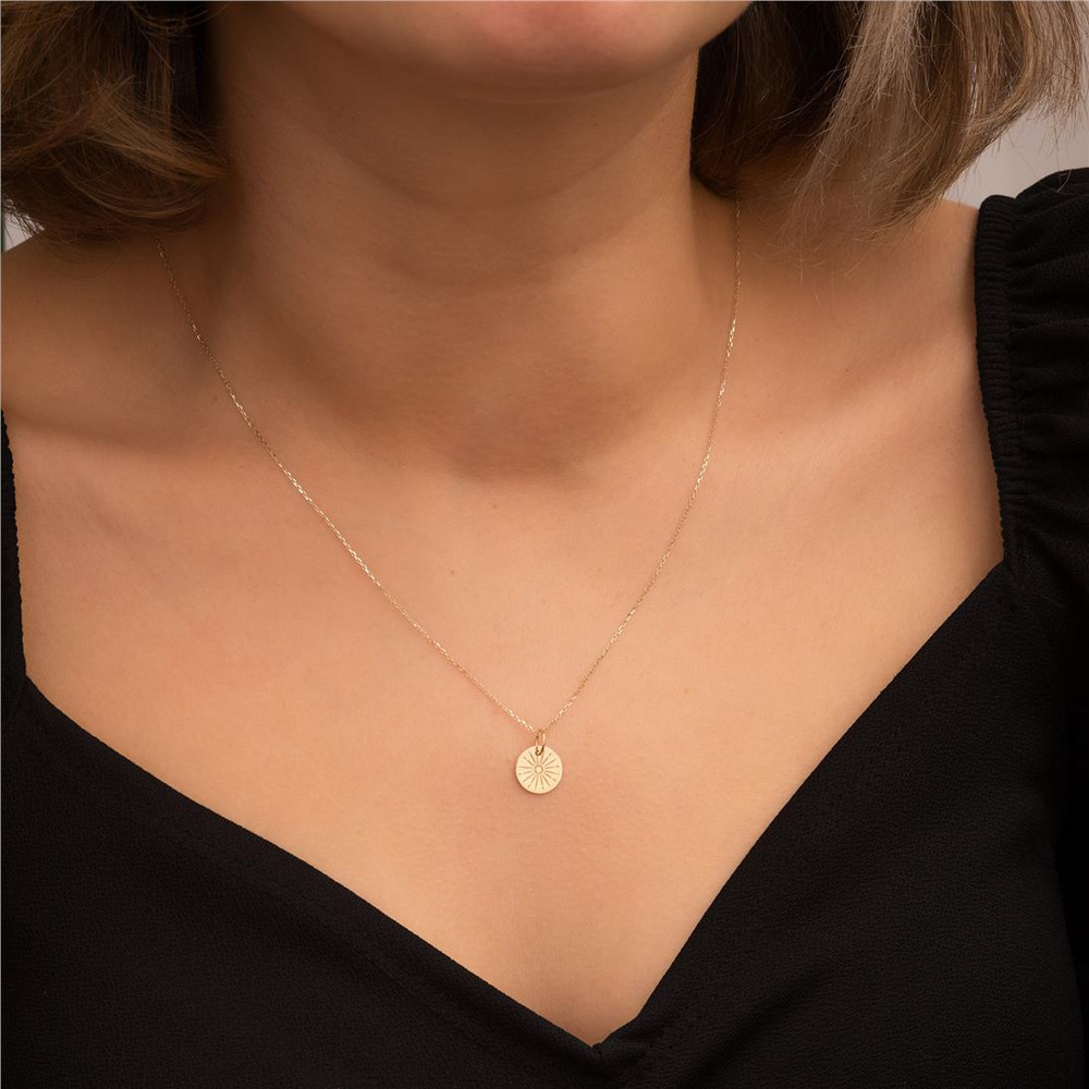 Goldstore-Real Gold 14K Sunbeam Necklace, Custom Initial Engrave Minimalist Sunshine Pendant, Gold The Sun Tarot Jewelry Letter Necklace Gift For Her