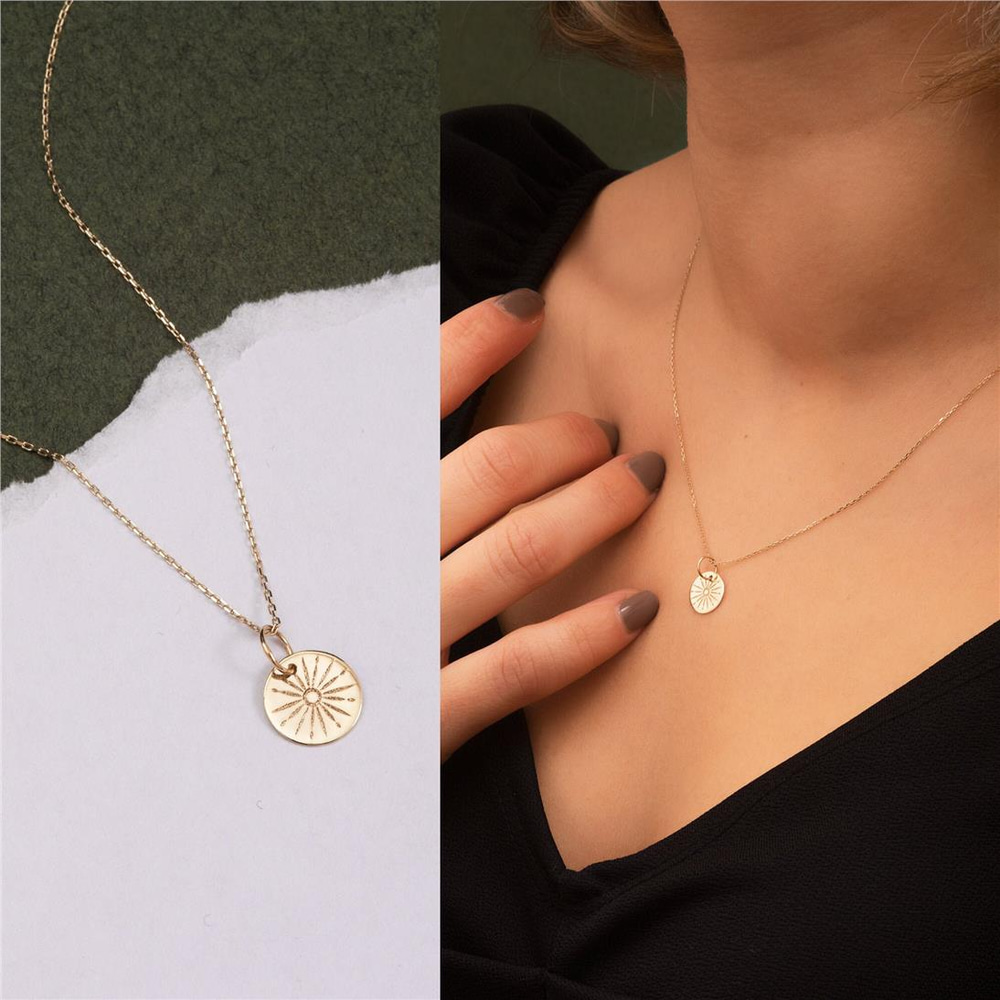 Goldstore-Real Gold 14K Sunbeam Necklace, Custom Initial Engrave Minimalist Sunshine Pendant, Gold The Sun Tarot Jewelry Letter Necklace Gift For Her