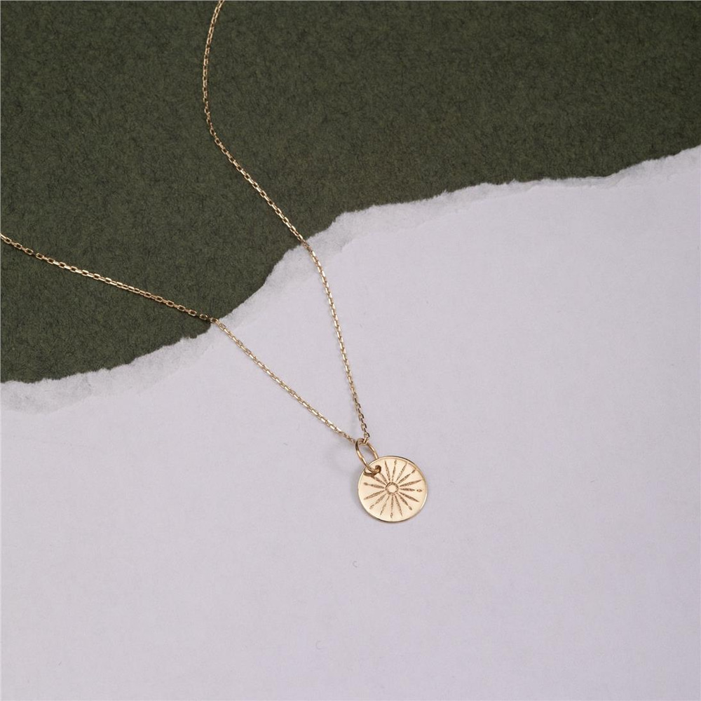 Goldstore-Real Gold 14K Sunbeam Necklace, Custom Initial Engrave Minimalist Sunshine Pendant, Gold The Sun Tarot Jewelry Letter Necklace Gift For Her