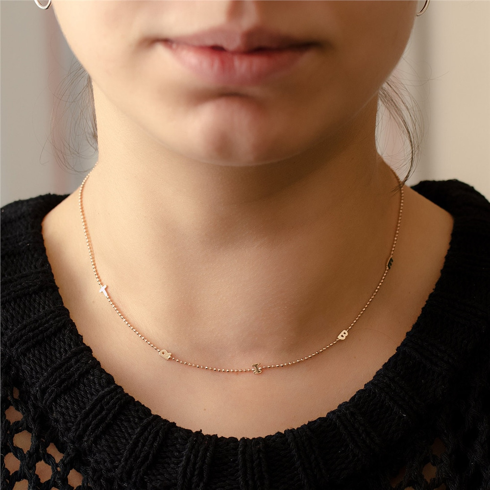 Goldstore-Sideways Initial 14k Gold Necklace, Minimal Initial Sideways Necklace, Personalized Multiple 1 2 3 4 Letters Diamond cut bead chain Necklace