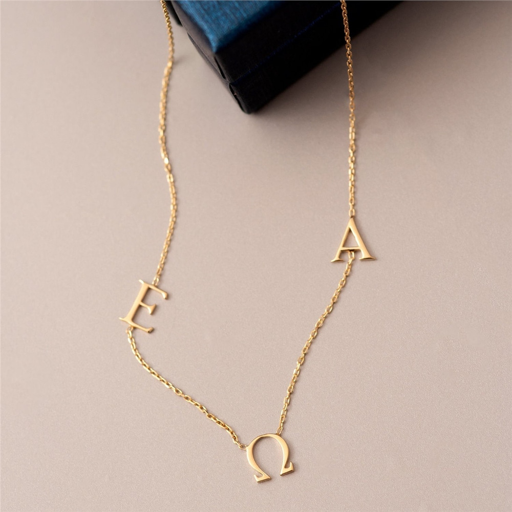 Goldstore-Sideways Initial Custom Font Gold Necklace, 14k Solid Gold Initial custom Letter Necklace, Personalized Multiple Letter Necklace