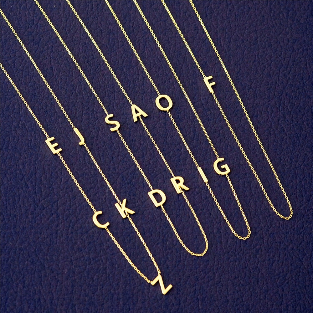 Goldstore-Sideways Initial Name Gold Necklace, 14k Solid Gold Sideways Custom Letter Word Necklace, Choker Personalized Letter Name Necklace Gift For