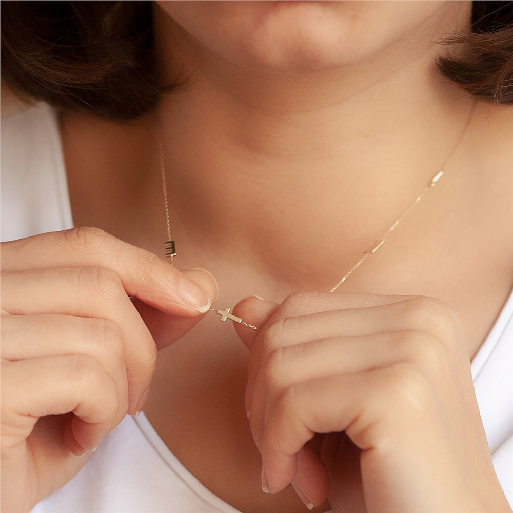 Goldstore-Sideways Initial Name Gold Necklace, 14k Solid Gold Sideways Custom Letter Word Necklace, Choker Personalized Letter Name Necklace Gift For