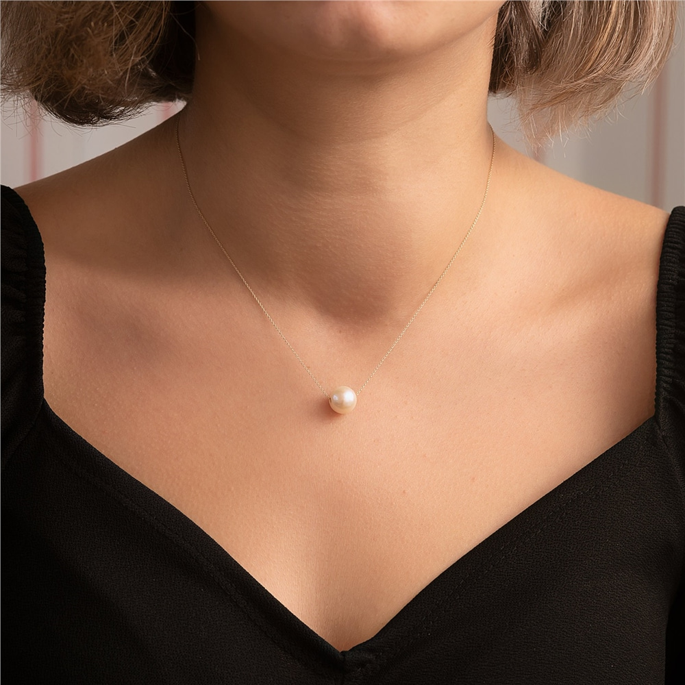 Goldstore-Single pearl 10k 14k 18k gold chain necklace, 8.0-8.50 mm Simple Freshwater Pearl Gold Necklace, Floating Pearl Necklace is June Birthstone.