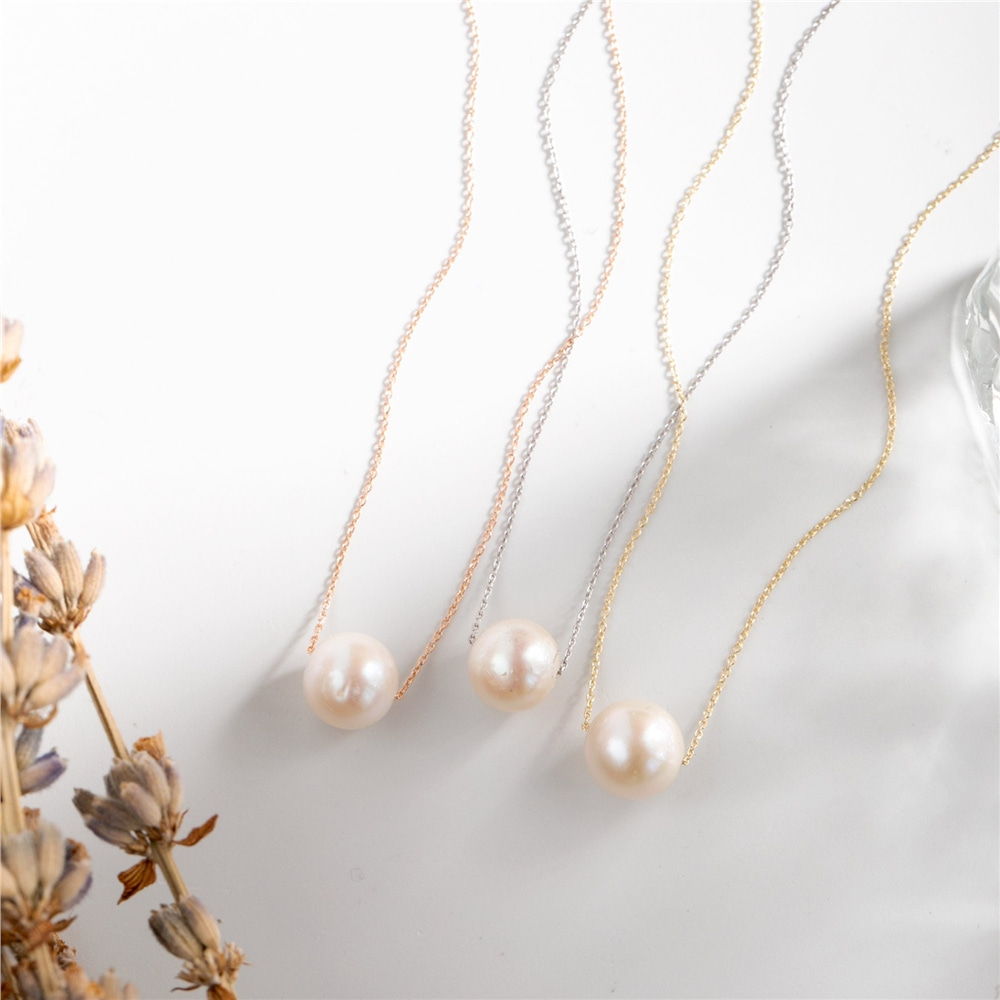 Goldstore-Single pearl 10k 14k 18k gold chain necklace, 8.0-8.50 mm Simple Freshwater Pearl Gold Necklace, Floating Pearl Necklace is June Birthstone.