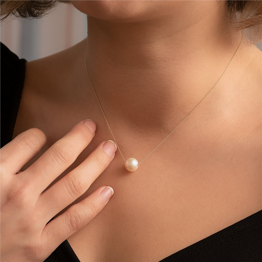 Goldstore-Single pearl 10k 14k 18k gold chain necklace, 8.0-8.50 mm Simple Freshwater Pearl Gold Necklace, Floating Pearl Necklace is June Birthstone.