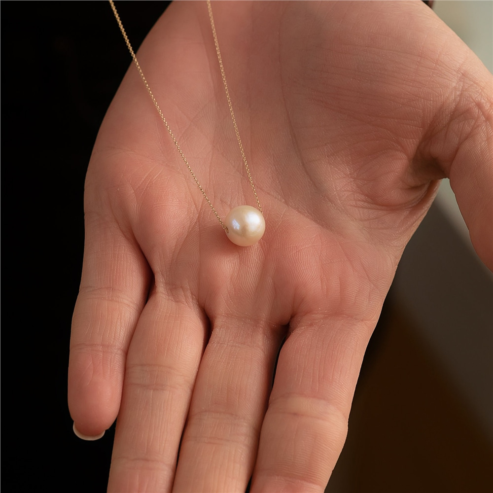 Goldstore-Single pearl 10k 14k 18k gold chain necklace, 8.0-8.50 mm Simple Freshwater Pearl Gold Necklace, Floating Pearl Necklace is June Birthstone.
