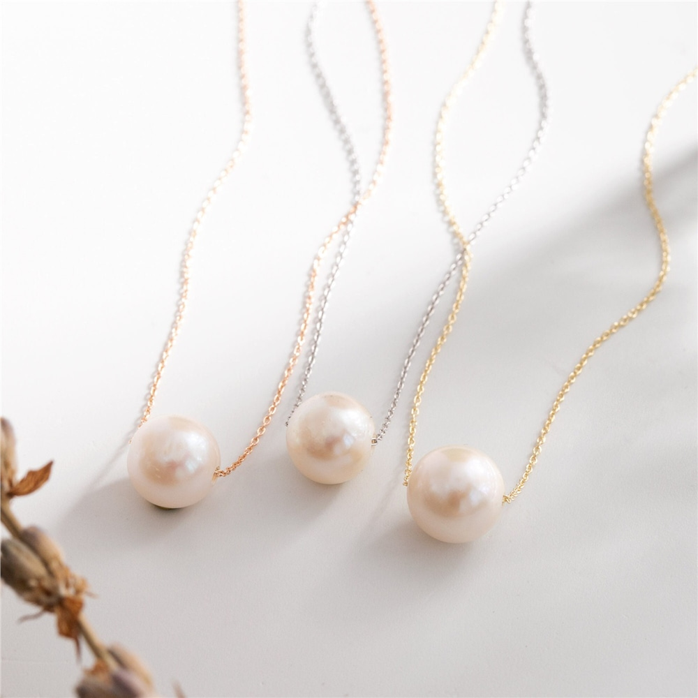 Goldstore-Single pearl 10k 14k 18k gold chain necklace, 8.0-8.50 mm Simple Freshwater Pearl Gold Necklace, Floating Pearl Necklace is June Birthstone.