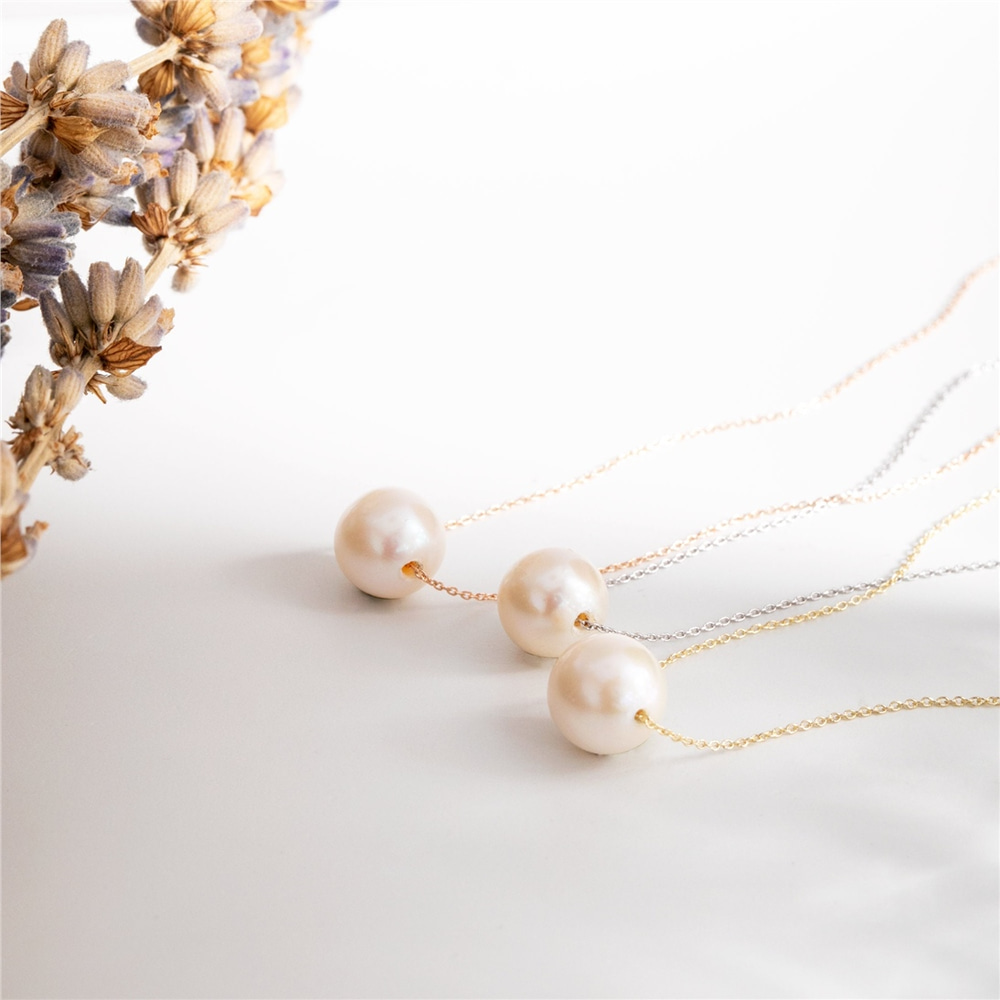 Goldstore-Single pearl 10k 14k 18k gold chain necklace, 8.0-8.50 mm Simple Freshwater Pearl Gold Necklace, Floating Pearl Necklace is June Birthstone.