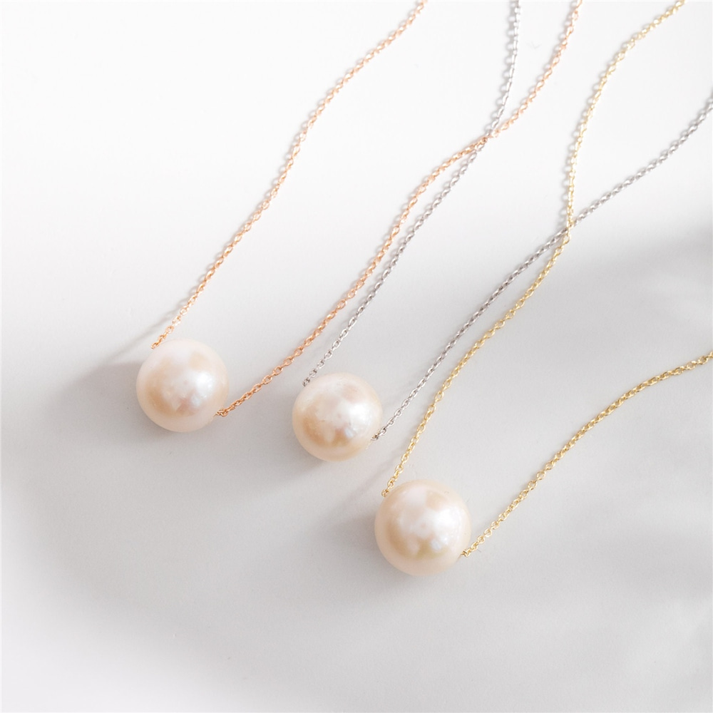 Goldstore-Single pearl 10k 14k 18k gold chain necklace, 8.0-8.50 mm Simple Freshwater Pearl Gold Necklace, Floating Pearl Necklace is June Birthstone.