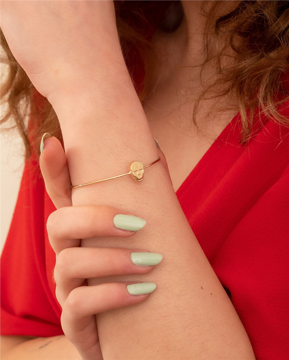 Goldstore-Skull Cremation Bangle Bracelet 14K 18K Solid Gold, Dainty Custom Initial Engrave Gothic Style Urn Bangle, Personalized Skull Shape Bracelet