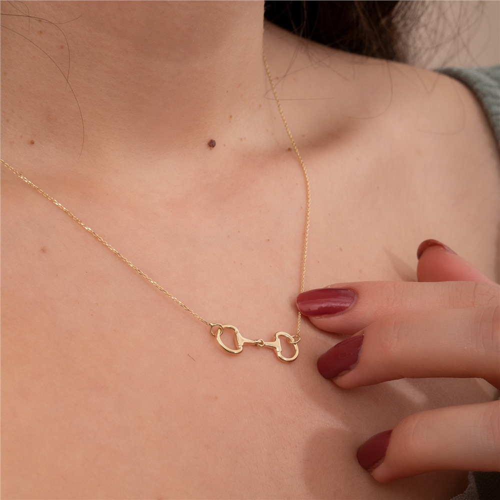 Goldstore-Snaffle Bit Necklace 14k 18k Solid Gold, Dainty Stirrup Necklace, Horse Lovers Equestrian Necklace, Elegant Horsebit Necklace, Gift For Her