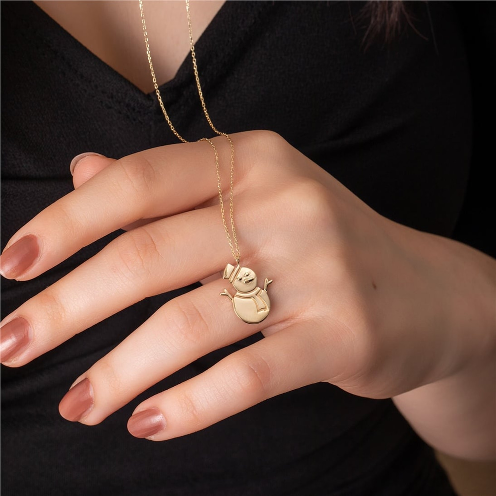 Goldstore-Snowman Necklace 14k 18K Solid Gold, Christmas Theme Snowman Pendant, Engraved Snowperson Necklace, Frosty Xmas Necklace, Gift For Christmas