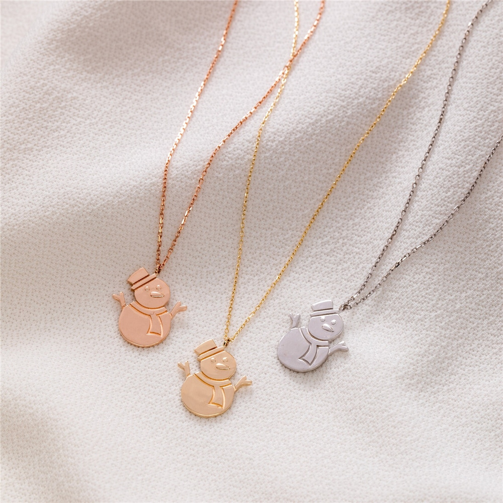 Goldstore-Snowman Necklace 14k 18K Solid Gold, Christmas Theme Snowman Pendant, Engraved Snowperson Necklace, Frosty Xmas Necklace, Gift For Christmas