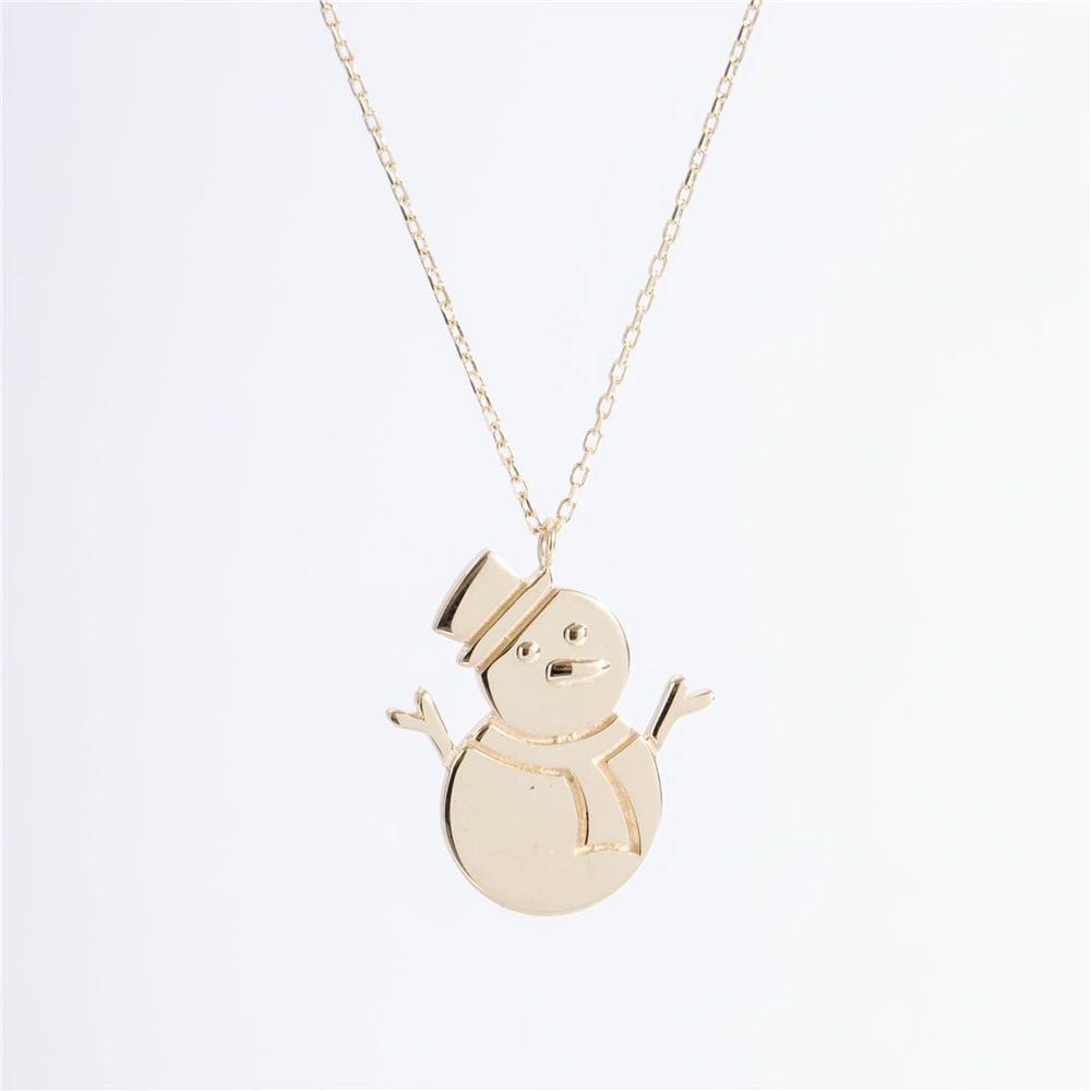 Goldstore-Snowman Necklace 14k 18K Solid Gold, Christmas Theme Snowman Pendant, Engraved Snowperson Necklace, Frosty Xmas Necklace, Gift For Christmas