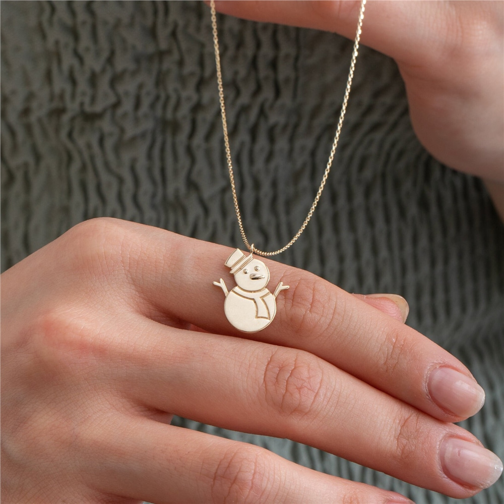 Goldstore-Snowman Necklace 14k 18K Solid Gold, Christmas Theme Snowman Pendant, Engraved Snowperson Necklace, Frosty Xmas Necklace, Gift For Christmas