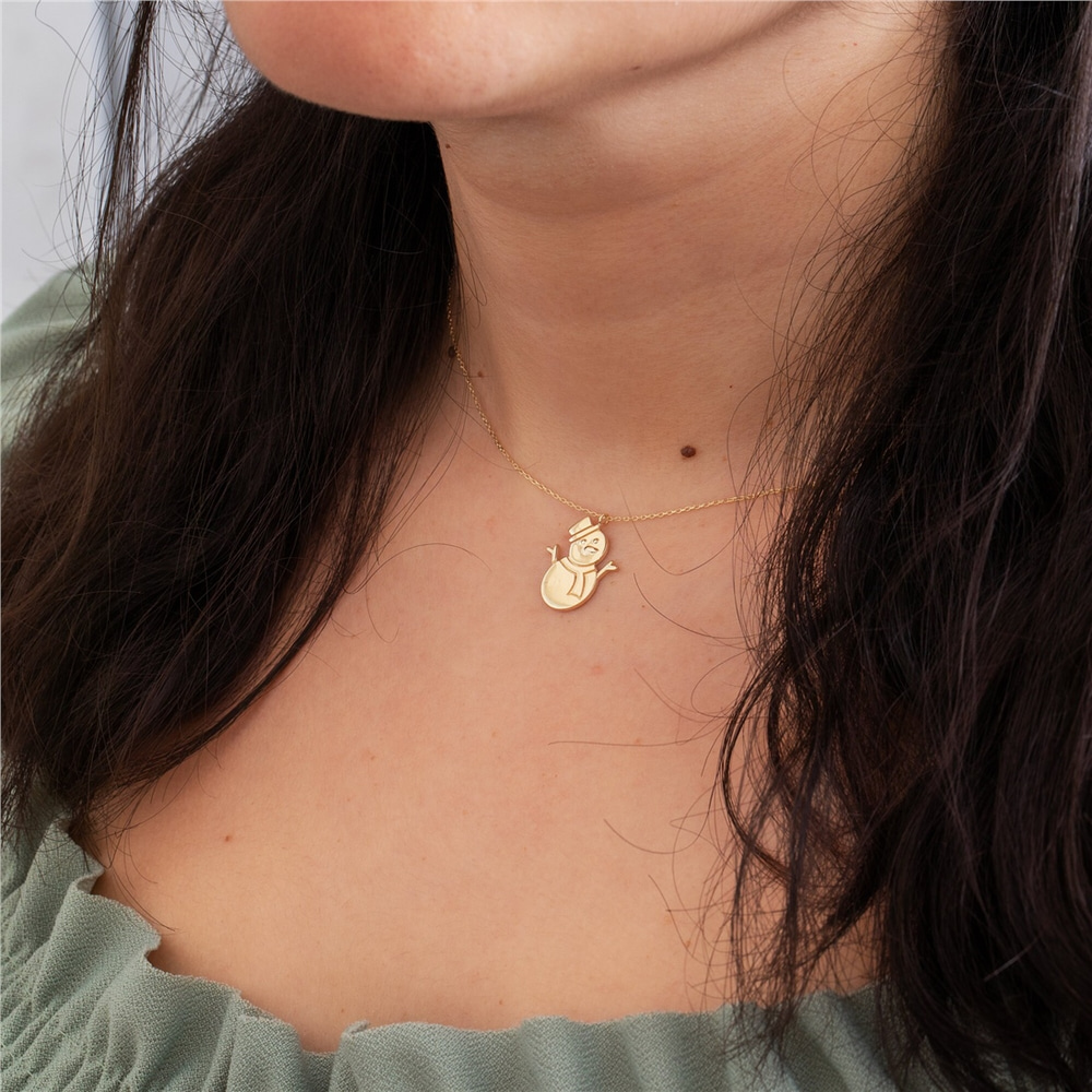 Goldstore-Snowman Necklace 14k 18K Solid Gold, Christmas Theme Snowman Pendant, Engraved Snowperson Necklace, Frosty Xmas Necklace, Gift For Christmas