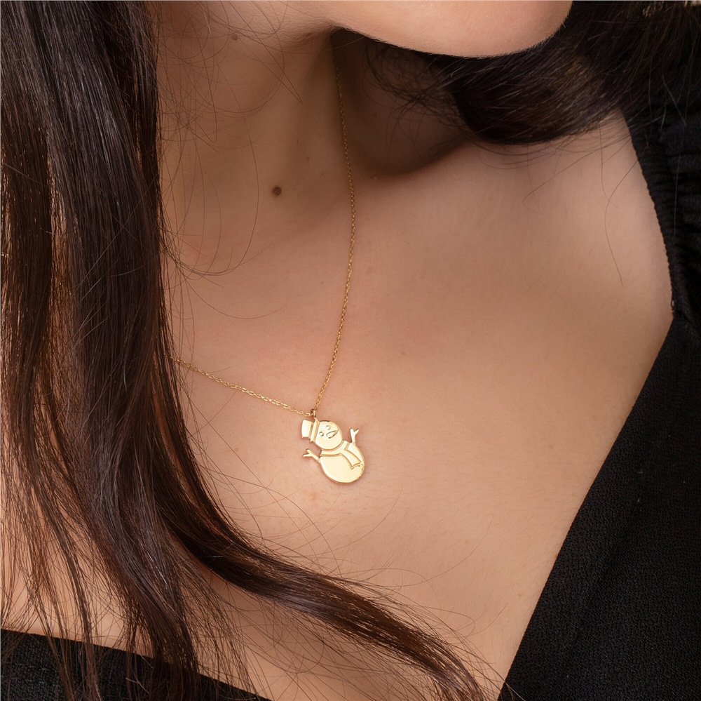 Goldstore-Snowman Necklace 14k 18K Solid Gold, Christmas Theme Snowman Pendant, Engraved Snowperson Necklace, Frosty Xmas Necklace, Gift For Christmas